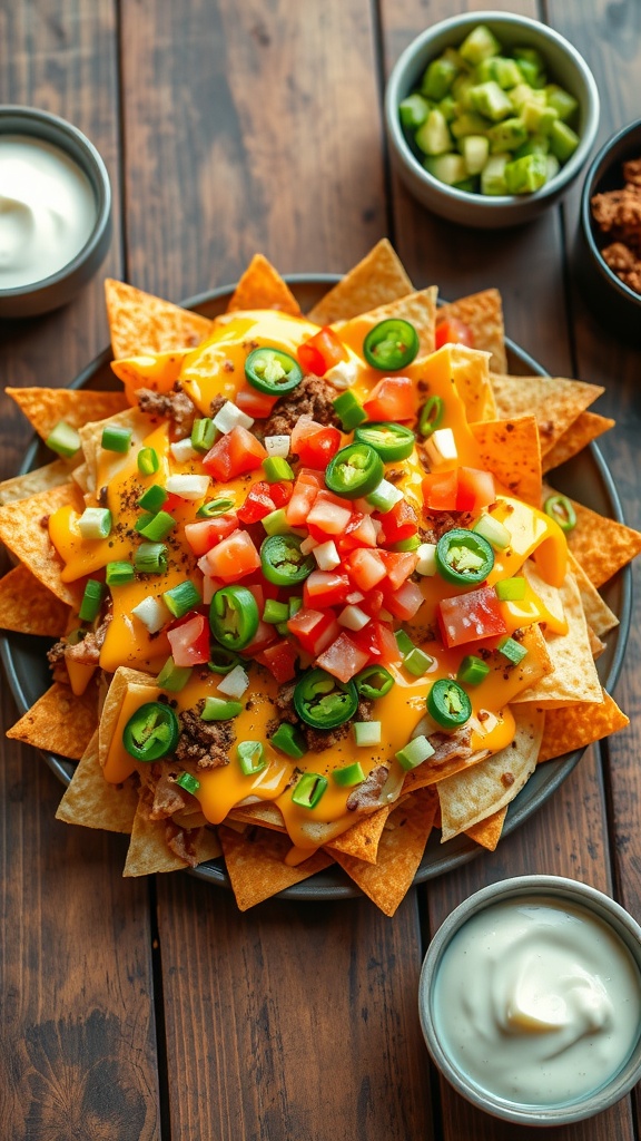 Crunchy air fryer nachos topped with cheese, jalapeños, tomatoes, and green onions on a rustic table with dips.